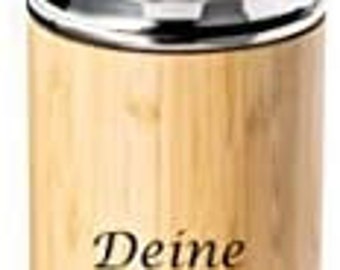 May include: A bamboo travel mug with a stainless steel lid and a metal strainer. The mug has the text "Deine Gravur" engraved on the side.