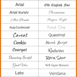 Puede incluir: Un gr&aacute;fico con una lista de 20 nombres de fuentes diferentes. Los nombres de las fuentes se enumeran en dos columnas. Los nombres de las fuentes est&aacute;n en texto negro sobre un fondo blanco.