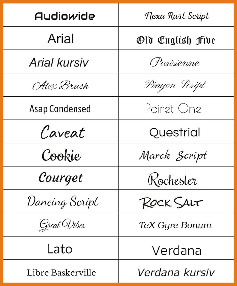 Puede incluir: Un gr&aacute;fico con una lista de 20 nombres de fuentes diferentes. Los nombres de las fuentes se enumeran en dos columnas. Los nombres de las fuentes est&aacute;n en texto negro sobre un fondo blanco.