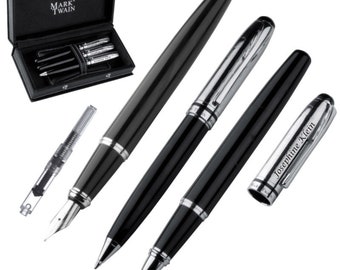 Writing set MARK®TWAIN twist ballpoint pen fountain pen rollerball 3-piece. Metal with laser engraving gift box birthday 1346303