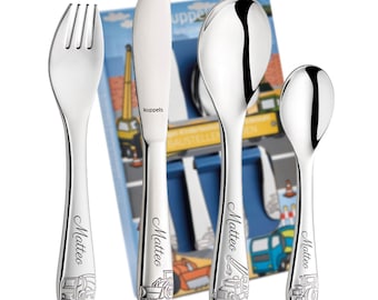 Kuppels Personalized Children's Cutlery with Engraving – 4-piece – Construction Site Motif – Gift for Baptism & Birth