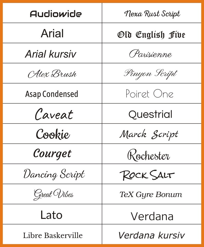 Puede incluir: Un gr&aacute;fico que muestra varios estilos de fuente, cada uno en un cuadro blanco separado sobre un fondo naranja. Las fuentes incluyen "Audiowide", "Arial", "Arial kursiv", "Alex Brush", "Asap Condensed", "Caveat", "Cookie", "Courget", "Dancing Script", "Great Vibes", "Lato" y "Libre Baskerville."