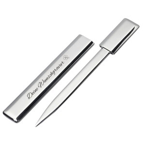 Elegante tagliacarte ERMESINDE con incisione realizzato in metallo, con incisione rettangolare in argento lucido