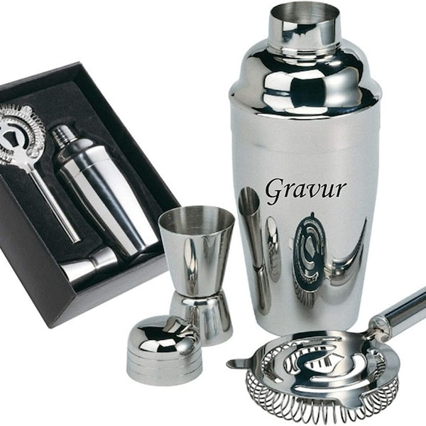 Edelstahl Cocktail Shaker Bar Set Zubehör Cocktailset Mixer 3-TLG. inkl. Gravur Geschenk zum Geburtstag Weihnachten Vatertag