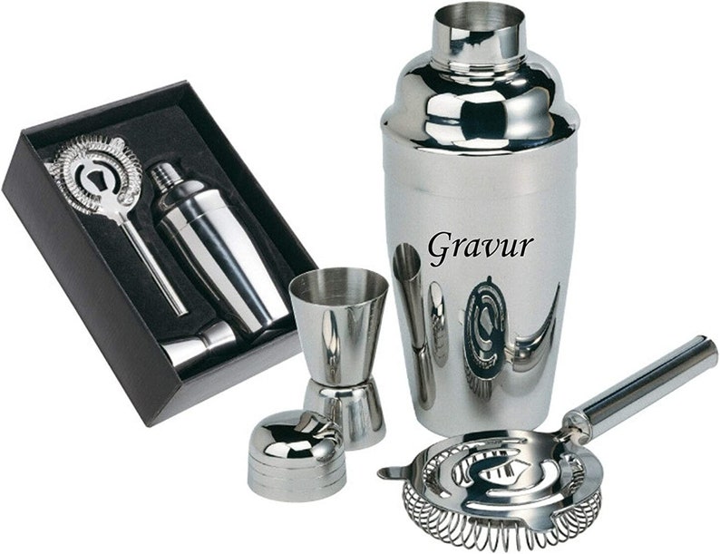 Edelstahl Cocktail Shaker Bar Set Zubehör Cocktailset Mixer 3-TLG. inkl. Gravur Geschenk zum Geburtstag Weihnachten Vatertag Bild 1