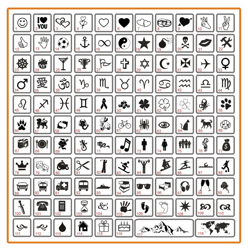 Puede incluir: Una cuadr&iacute;cula en blanco y negro de 118 iconos diferentes, que incluyen s&iacute;mbolos, emojis e ilustraciones. Los iconos est&aacute;n dispuestos en filas y columnas, con cada icono en un cuadrado separado. Los iconos son todos en blanco y negro, y todos son del mismo tama&ntilde;o.