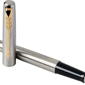 May include: A silver and black fountain pen with a gold-colored trim and a fine nib. The pen is capped and the cap is lying next to the pen.