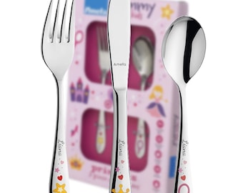 Kinderbesteck Princess YUMMY mit Gravur - Taufe Geschenk individualisiert - spülmaschinengeeignet/Taufgeschenk Jungen - Besteck mit Gravur