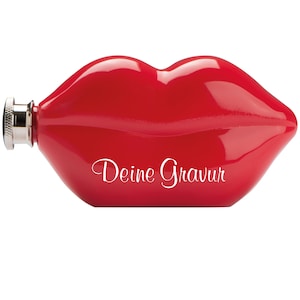 May include: Red, glossy, lip-shaped flask with a silver cap and the text "Deine Gravur" in white.