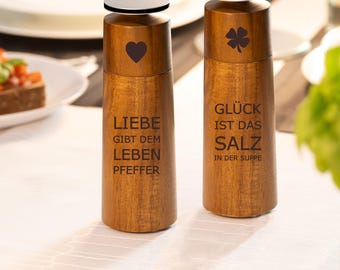 SET Salz- und Pfefferstreuer Akazien-Holz Wunschgravur Liebe Hochzeitsgeschenk Geburtstag Verlobung Glück Keramikmahlwerk Geschenkset