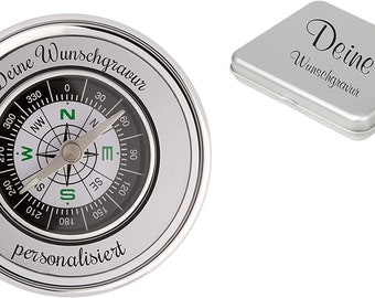 Schmalz®  Edler Kompass mit Gravur aus Metall rund Silber glänzend im Metalletui personalisiertes Geschenk Namen graviert Geburtstag