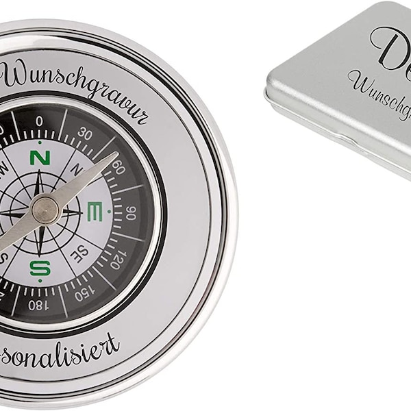 Schmalz®  Edler Kompass mit Gravur aus Metall rund Silber glänzend im Metalletui personalisiertes Geschenk Namen graviert Geburtstag