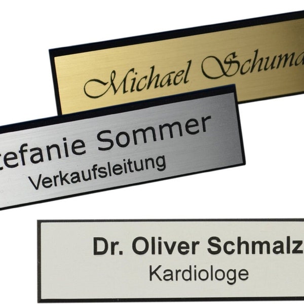 Namensschild / Ansteckschild in Metalloptik - mit persönlicher Gravur Magnet oder Nadel 75x20 mm