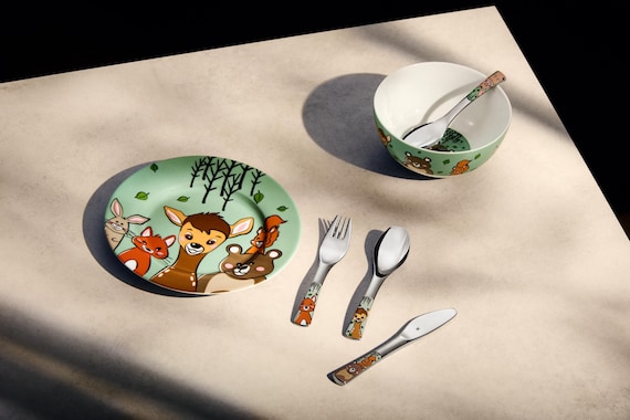 WMF Kindergeschirr-Set Waldfreunde – 6-teilig mit persönlicher Gravur - Taufe Geschenk individualisiert - spülmaschinengeeignet