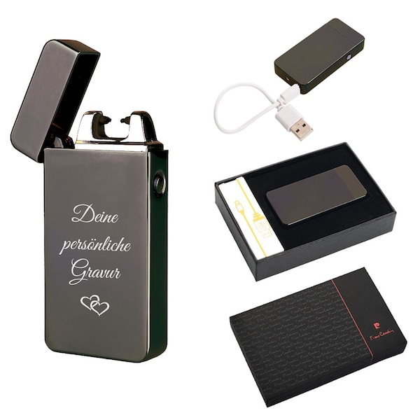 Pierre Cardin® Elektronisches Feuerzeug mit Gravur inkl. Geschenkverpackung Schwarz - Geschenk zu Weihnachten, Geburtstag mit Geschenk-Etui
