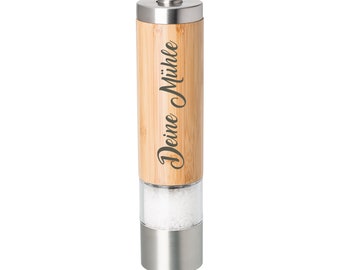 Schmalz® electric salt or pepper mill HOBART with engraving made of bamboo / stainless steel ceramic grinder engraved for a birthday gift set