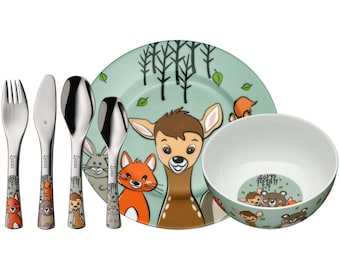 WMF children's tableware set Forest Friends – 6-piece with personal engraving – personalized christening gift – dishwasher-safe
