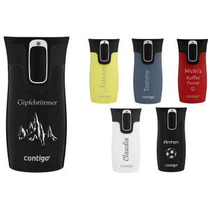 May include: A set of six travel mugs with different designs and names. The mugs are black, yellow, blue, red, white, and black with a mountain design. The mugs have a push button lid and the text "contigo" on the bottom.