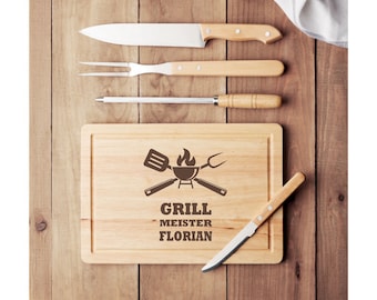 personal BBQ set 4 pcs. with personal engraving made of wood cutting board meat splitter grill fork knife for birthday