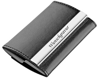 Estuche para tarjetas de visita Schmalz®, estuche para tarjetas de visita con grabado, 2 compartimentos, aspecto de cuero negro, metal grabado, regalo, aniversario, cumpleaños, premio
