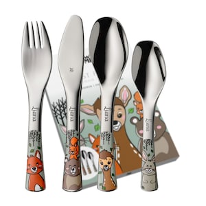 WMF children&#39;s cutlery Forest Friends with name engraving – personalized cutlery set for children – gift for birth, christening or birthday