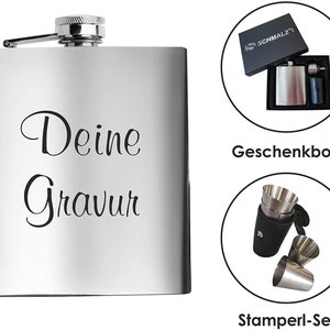 Schmalz® hip flask set made of stainless steel 5-piece with engraving silver metal personalized with name individual belt bag for birthday