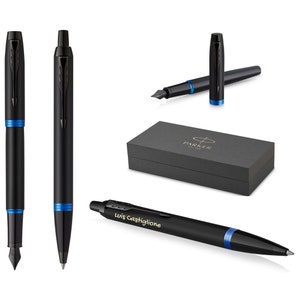 PARKER® IM ballpoint pen + fountain pen model Professionals Vibrant Rings blue PVD with engraving, engraved birthday personalized