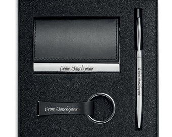 Gift set business card case ballpoint pen and key ring set with engraving imitation leather engraved engraving including gift packaging