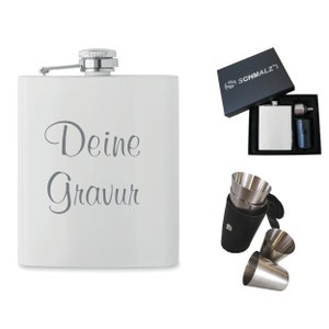 Schmalz® hip flask set made of stainless steel 5-piece with engraving white metal personalized with name individual belt bag for birthday
