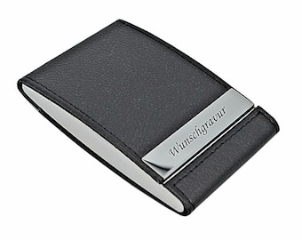 Estuche para tarjetas de visita Schmalz®, estuche para tarjetas de visita con grabado, 2 compartimentos, aspecto de cuero negro, metal grabado, regalo, aniversario, cumpleaños, premio