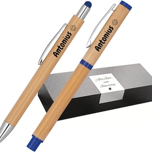 Conjunto de escrita em bambu com caixa esferográfica + esferográfica com gravação | Grande capacidade de recarga de canetas exclusivas, nomes, presentes personalizados