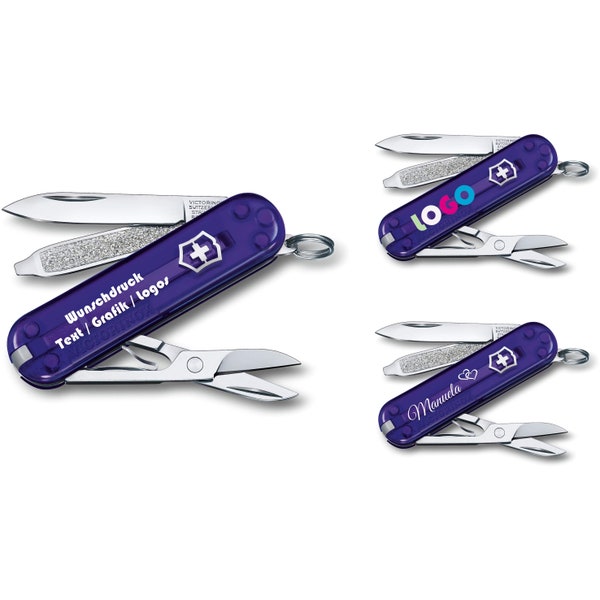 Victorinox Classic SD Persian Indigo personalisiert mit Name 0.6223.T24G lila Gravur Geschenk für Männer Frauen Geburtstag 4 Funktionen