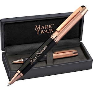 MARK®TWAIN twist balpen van koper/metaal met gravure, blauwe vulling in bijpassende geschenkdoos voor verjaardagen 13034