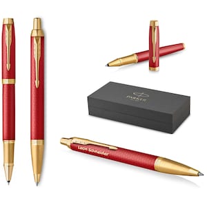 Juego de escritura PARKER® IM Premium, bolígrafo rollerball y bolígrafo rojo G.C. con grabado, grabado cumpleaños personalizado