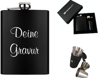 Schmalz® Flachmann Set en acier inoxydable 5 pcs. avec gravure métal noir personnalisé avec nom sac ceinture individuel autour de l’anniversaire