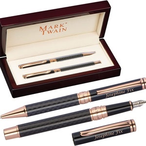 MARK®TWAIN Writing Set Rotary Ballpoint Pen and Fountain Pen in Carbon Look with Engraving Engraved Gift Birthday Personalized