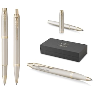 PARKER® IM Ballpoint Pen + Rollerball Model Professionals Monochrome Champagne with engraving, engraved birthday personalized