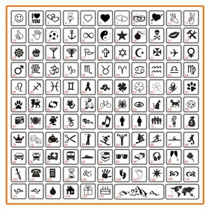 May include: A black and white grid of 118 different icons, including symbols, emojis, and illustrations. The icons are arranged in rows and columns, with each icon in a separate square. The icons are all black and white, and they are all the same size.
