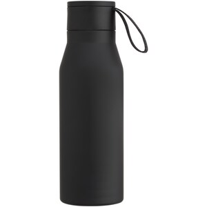 Puede incluir: Una botella de agua de acero inoxidable negra con una correa de transporte negra. La botella tiene un acabado mate.