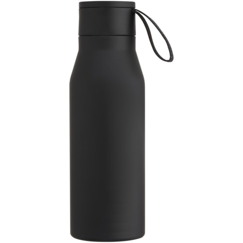 Puede incluir: Una botella de agua de acero inoxidable negra con una correa de transporte negra. La botella tiene un acabado mate.