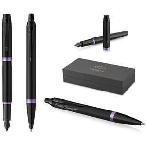 Bolígrafo + pluma estilográfica PARKER® IM modelo Professionals Vibrant Rings PVD morado con grabado, grabado de cumpleaños personalizado