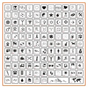 Puede incluir: Una cuadr&iacute;cula de 118 peque&ntilde;os iconos cuadrados. Los iconos incluyen s&iacute;mbolos como corazones, estrellas, signos del zodiaco, notas musicales y varios otros gr&aacute;ficos. Los iconos son en blanco y negro.