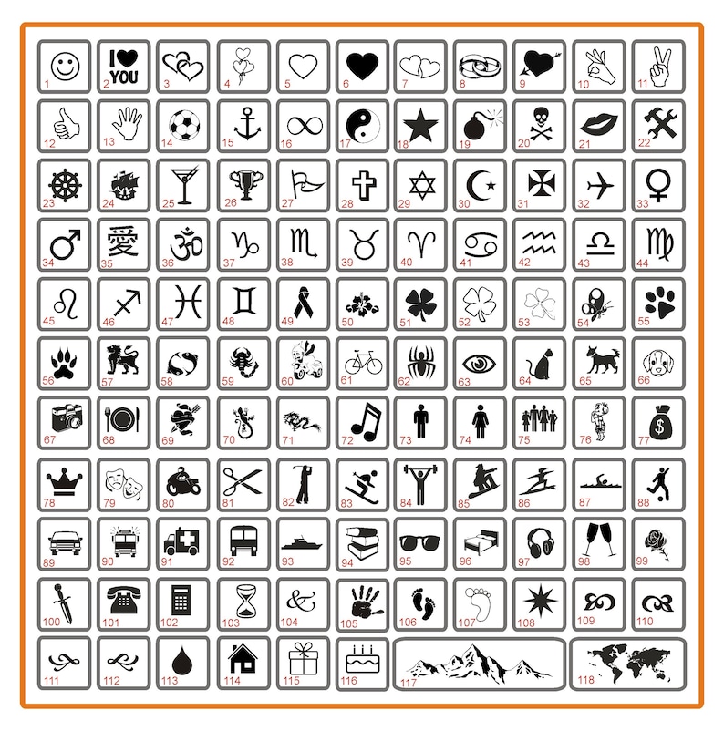 Puede incluir: Una cuadr&iacute;cula de 118 peque&ntilde;os iconos cuadrados. Los iconos incluyen s&iacute;mbolos como corazones, estrellas, signos del zodiaco, notas musicales y varios otros gr&aacute;ficos. Los iconos son en blanco y negro.