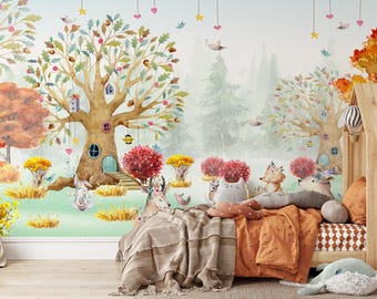 Mural de papel tapiz de bosque otoñal: decoración infantil extraíble con autoadhesivo