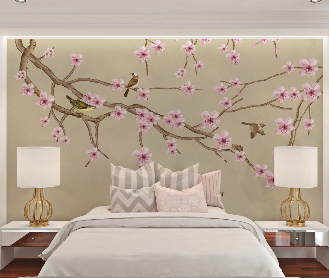 Chinoiserie Blossom Cherry Tree and Birds Wallpaper Mural: Peel and ...