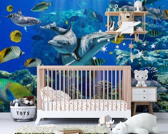 Mural de papel pintado con peces submarinos - Decoración infantil autoadhesiva