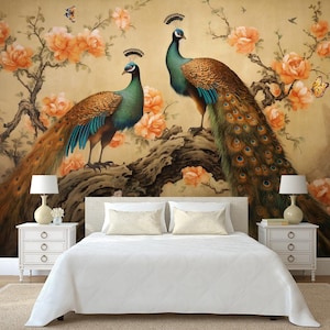 Verwisselbaar behang pauwtak: Peel-and-Stick bloemenmuurschildering