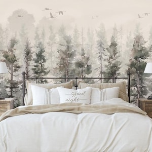 Papel de parede removível de floresta em aquarela: mural de parede vintage com estampa de paisagem removível e colante