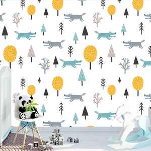 Kindertapete, Niedliche Wolf und Bäume abnehmbare Tapete, Peel and Stick Selbstklebendes Wandbild, Kinder Schlafzimmer Dekor