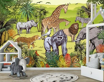 Papel tapiz extraíble con animales de la selva: Mural de pared para habitación infantil autoadhesivo